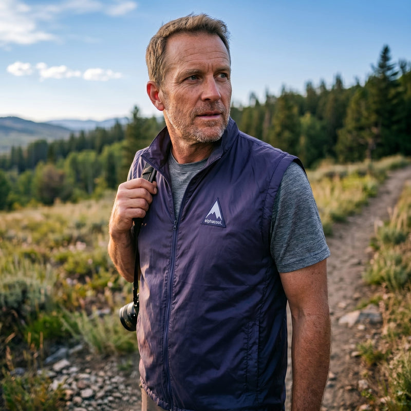 Man in navy blue AlphaCool vest holding camera strap, standing on forest trail with mountains in background under clear blue sky.