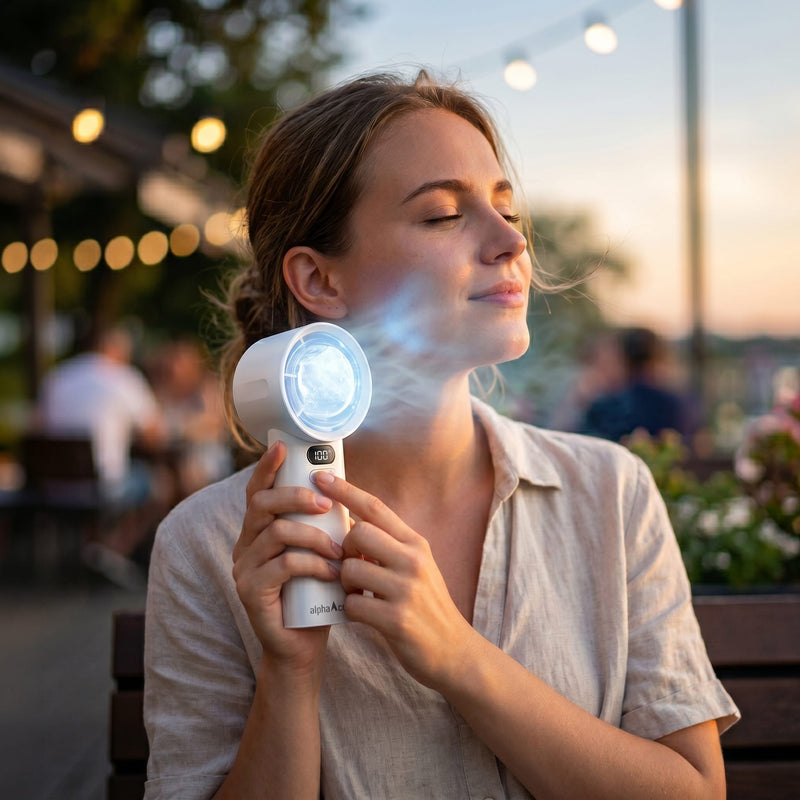 Woman holds white Alpha Cool mist fan, eyes closed, enjoying cool mist at sunset, string lights blurred in background.
