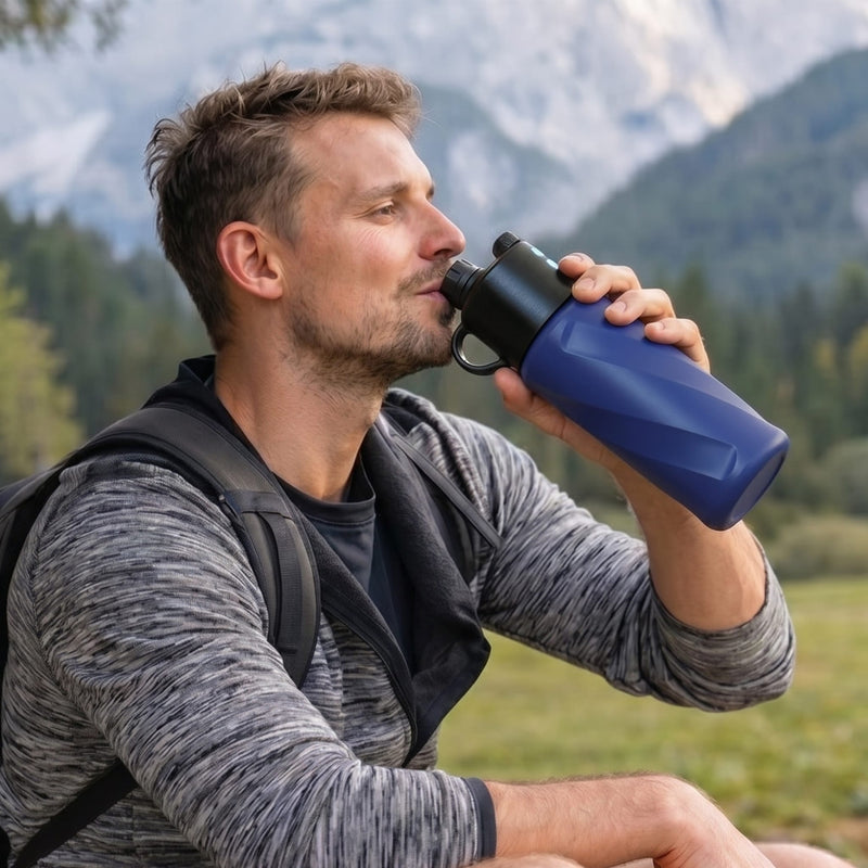 Man drinking from blue water bottle outdoors, mountains in background, wearing backpack and gray hoodie.