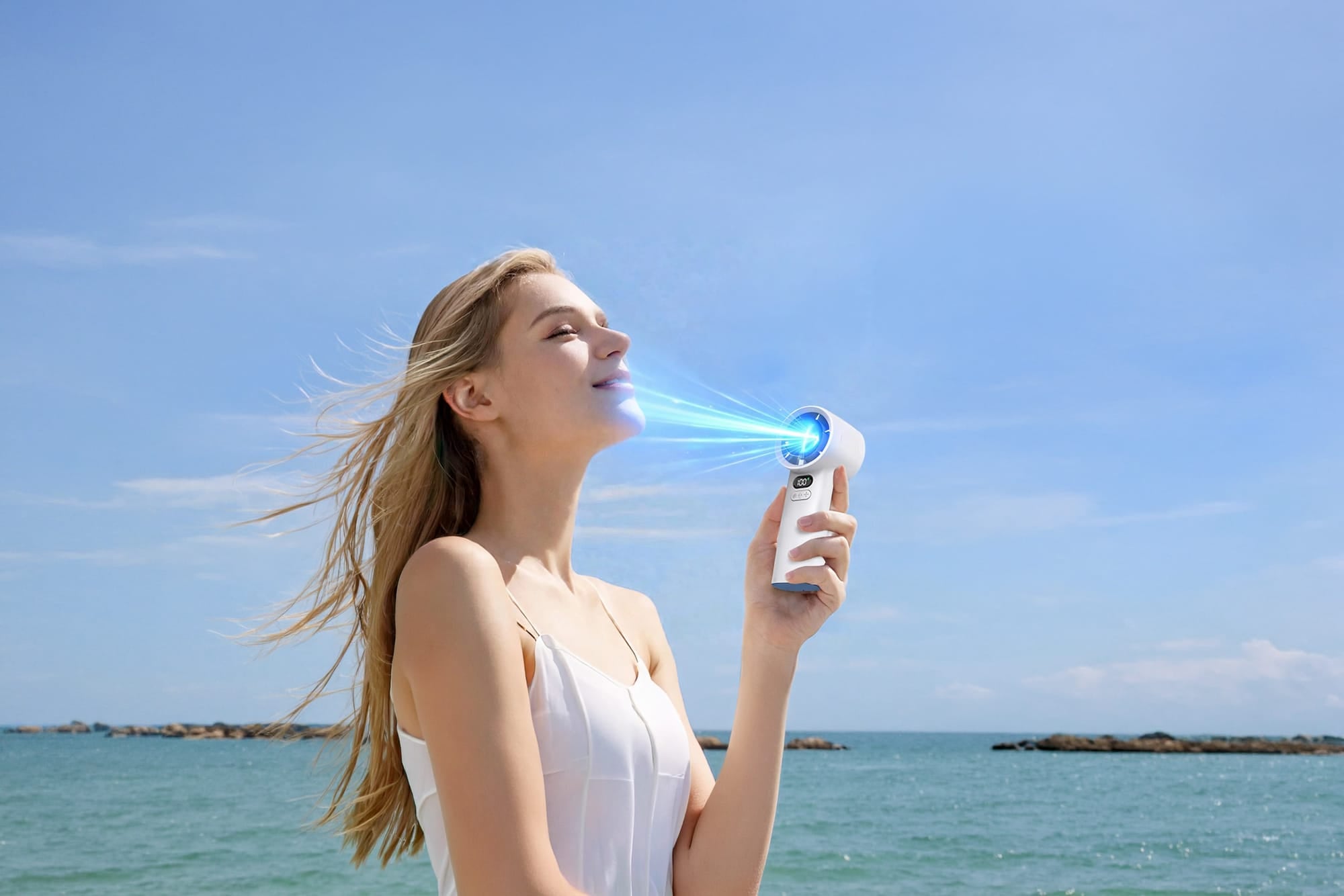 Woman on beach holding white handheld fan with blue light, eyes closed, enjoying cool breeze under clear blue sky.