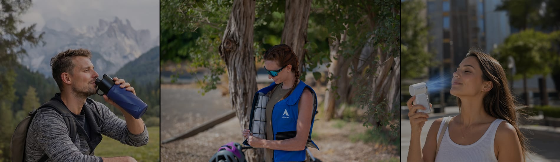 Three people using hydration products: man drinking from blue bottle in mountains, woman with blue vest holding water pack near trees, woman using mist spray in city.