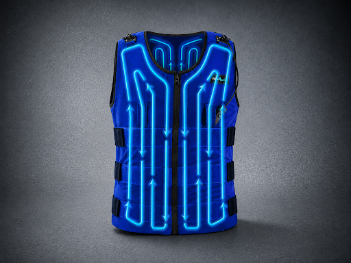 AlphaCool circulatory cooling vest with blue water-circulation tubing across the torso