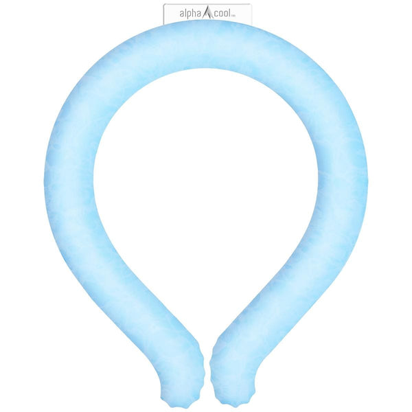Light blue phase change cooling neck tube by AlphaCool, soft textured loop with cloud-like pattern, front view on white background